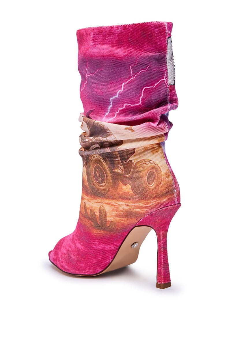 AKIRA GOLD FORMIDABLE PINK MULTI ABSTRACT OPEN TOE BOOTIE