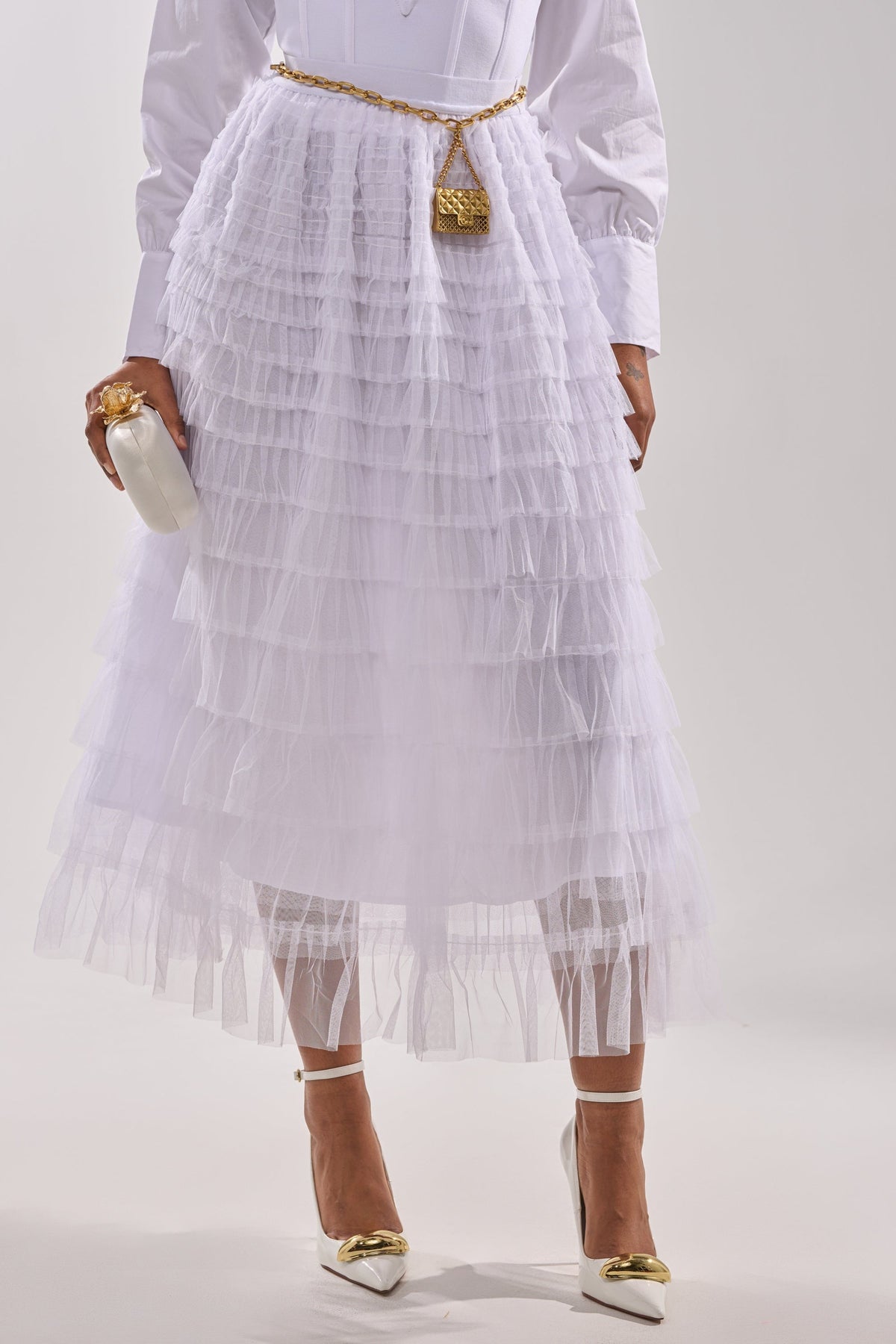 STARS ALIGNED MESH RUFFLE MAXI SKIRT IN WHITE