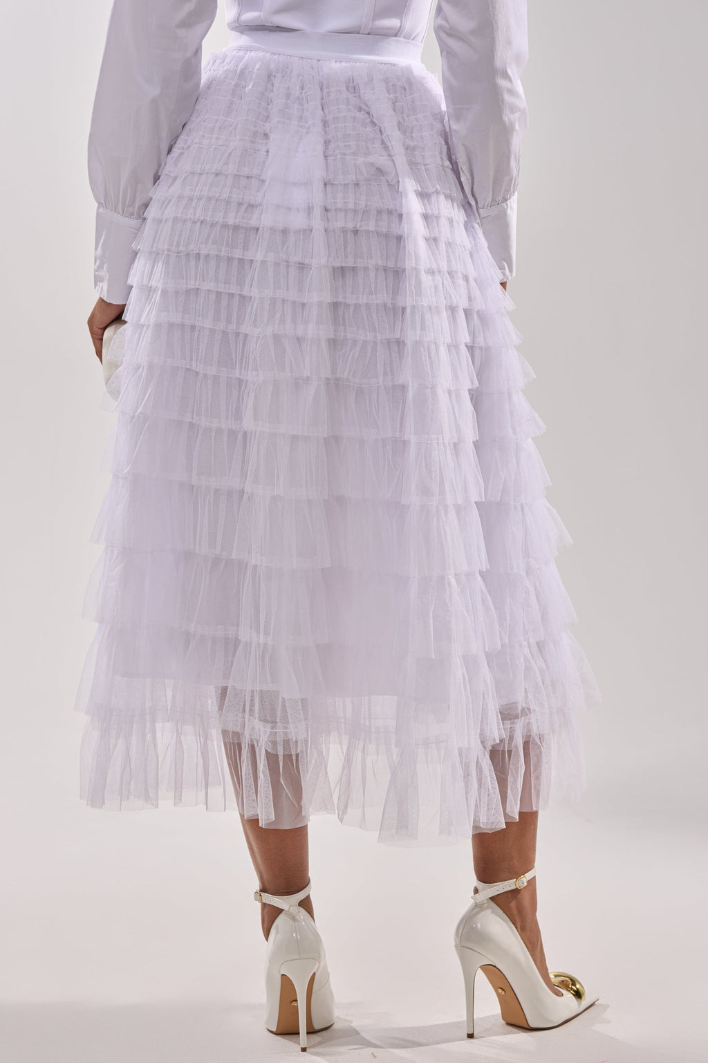 STARS ALIGNED MESH RUFFLE MAXI SKIRT IN WHITE