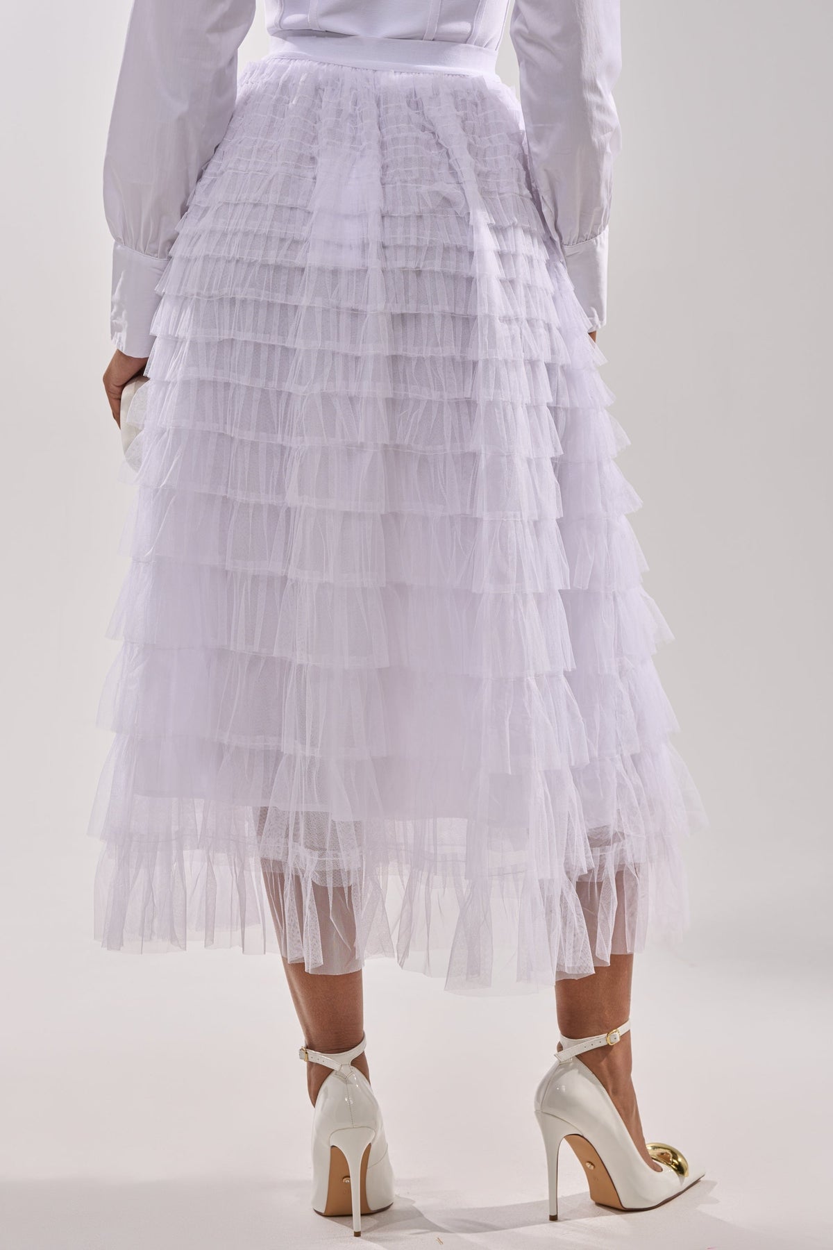 STARS ALIGNED MESH RUFFLE MAXI SKIRT IN WHITE