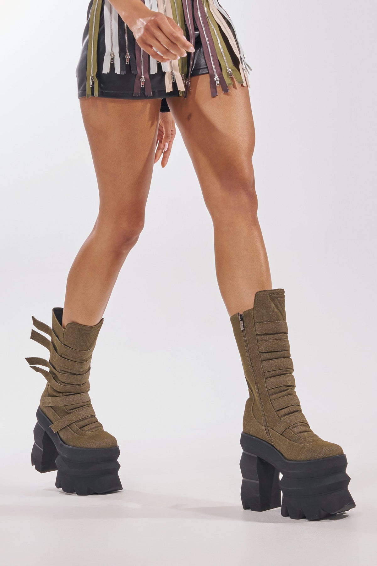 AKIRA GOLD MENACING OLIVE BLOCK PLATFORM BOOTIE
