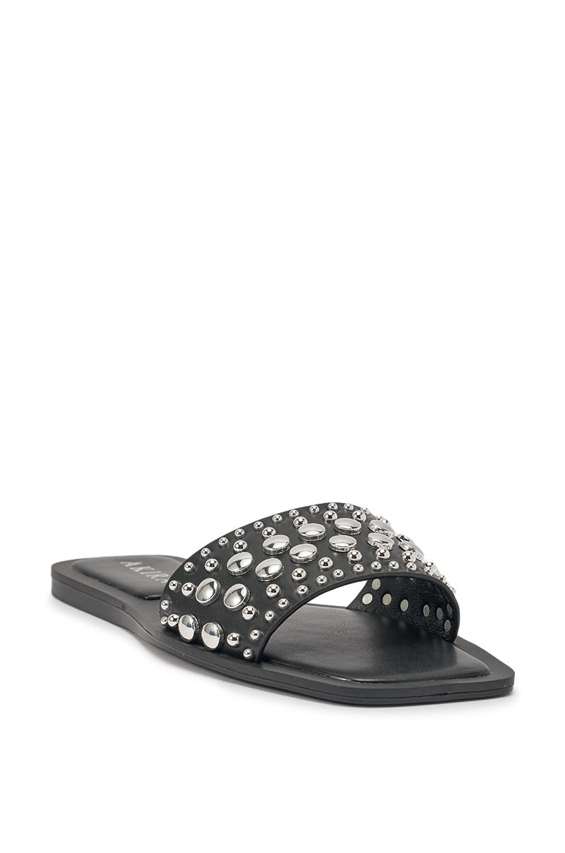AKIRA DEVORA BLACK HARDWARE EMBELLISHED FLAT SLIP ON SANDAL