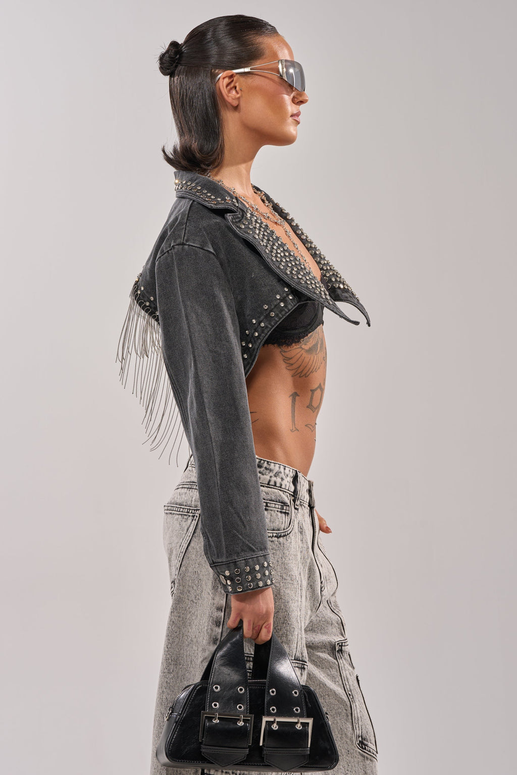 WATERFALL FRINGE CROPPED DENIM JACKET