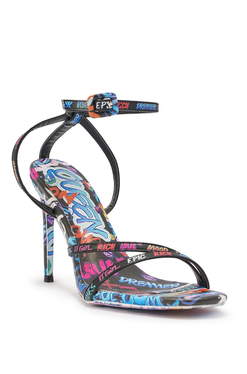 AKIRA GOLD GRAFFITI PRINT STILETTO SANDAL