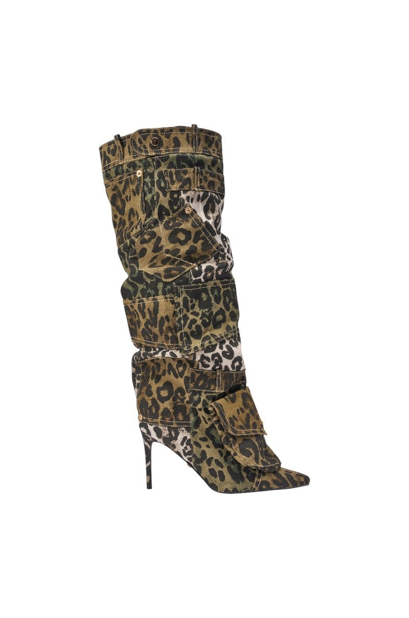 AKIRA GOLD HALOISE LEOPARD POCKET DETAIL STILETTO BOOT
