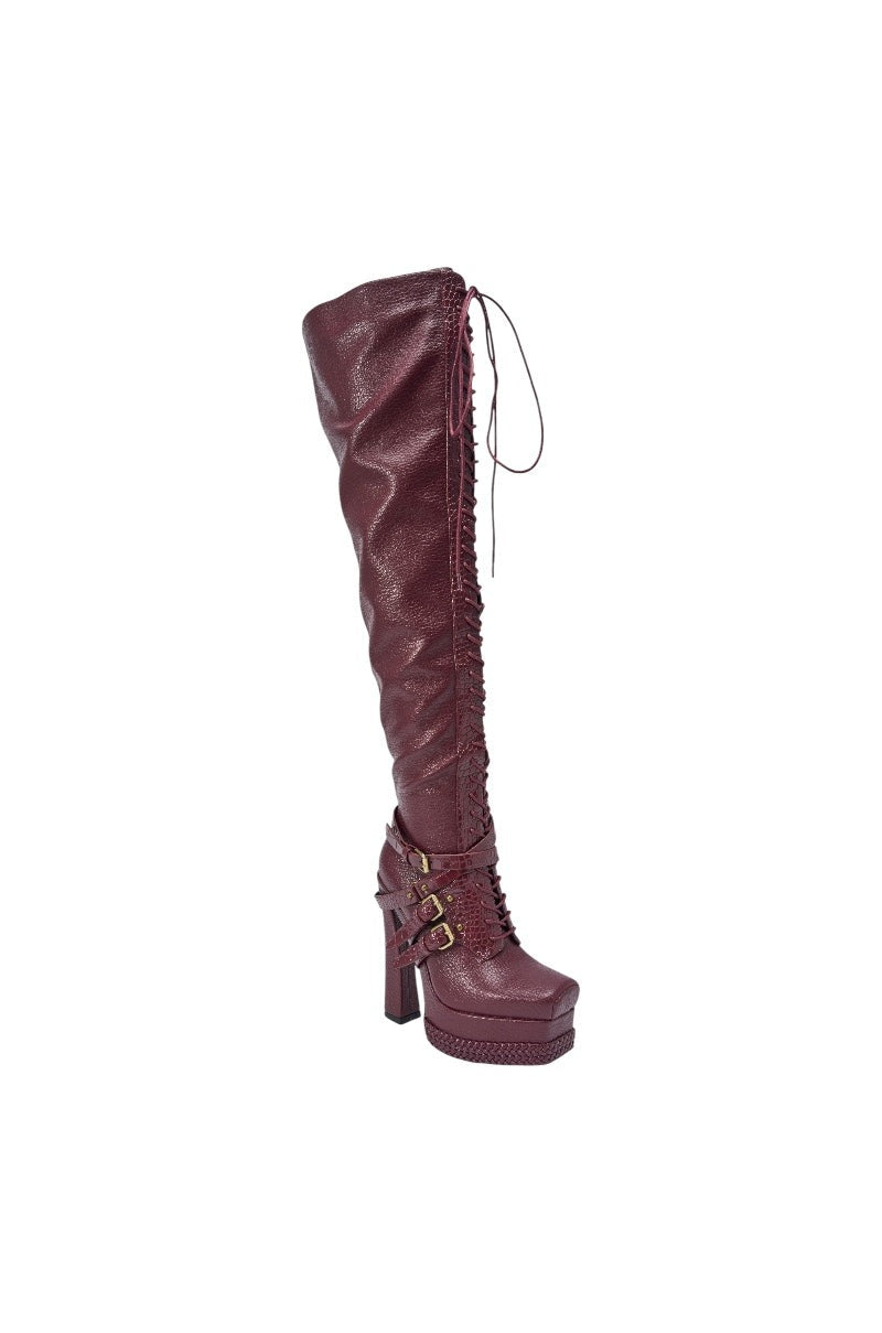 AKIRA GOLD BLITZEN BURGUNDY THIGH HIGH PLATFORM CROC BOOT