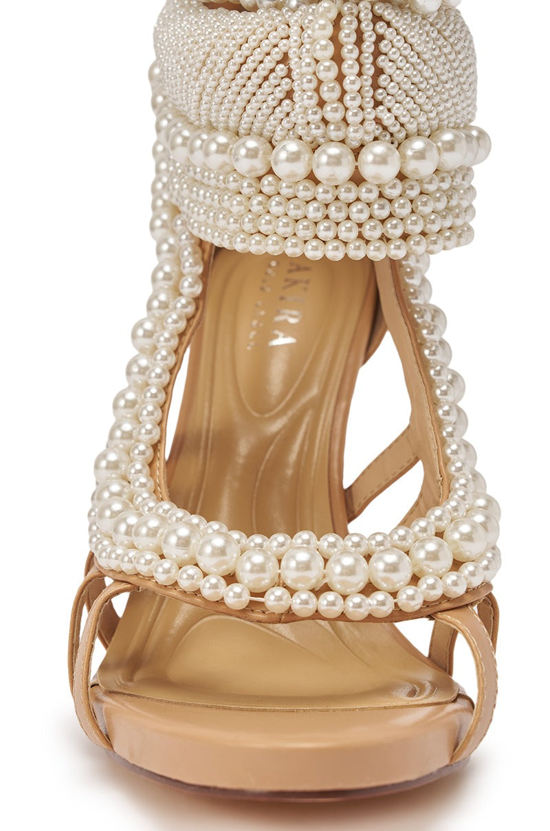 AKIRA GOLD ISOLINE NUDE PEARL EMBELLISHED GLADIATOR SANDAL
