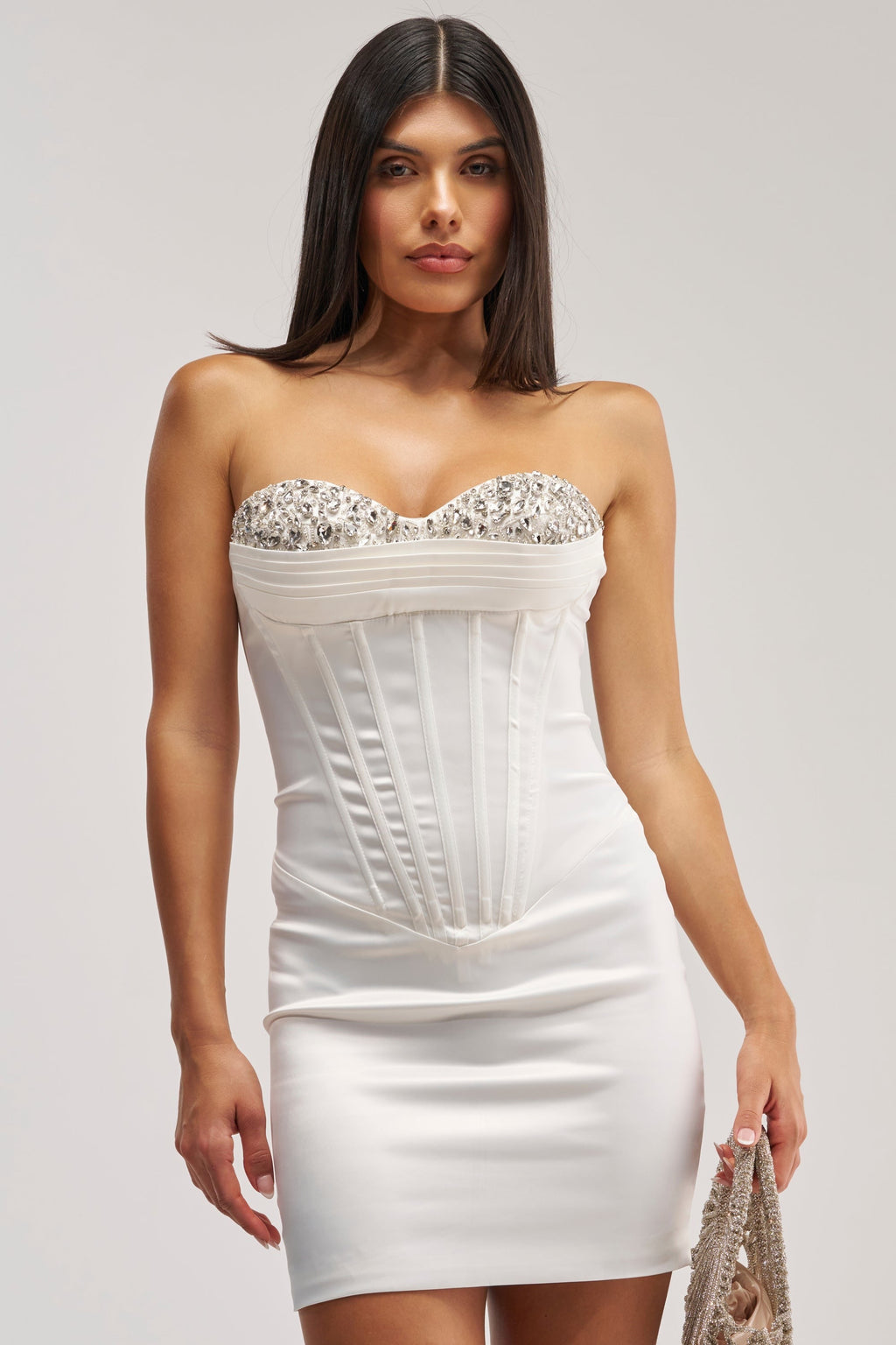 CRUSH HOUR EMBELLISHED SATIN MINI IN WHITE