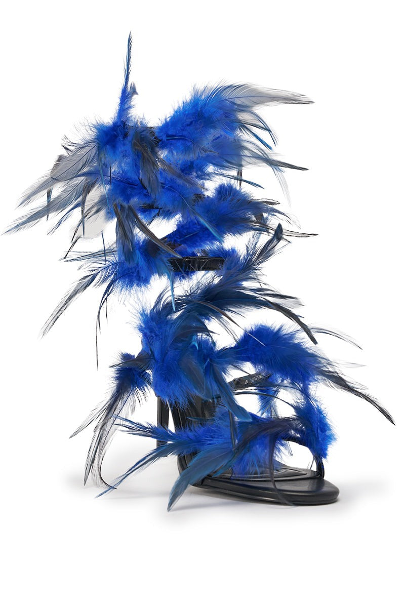 AKIRA GOLD COVERT FEATHER EMBELLISHED SPIRAL STRAP STILETTO SANDAL