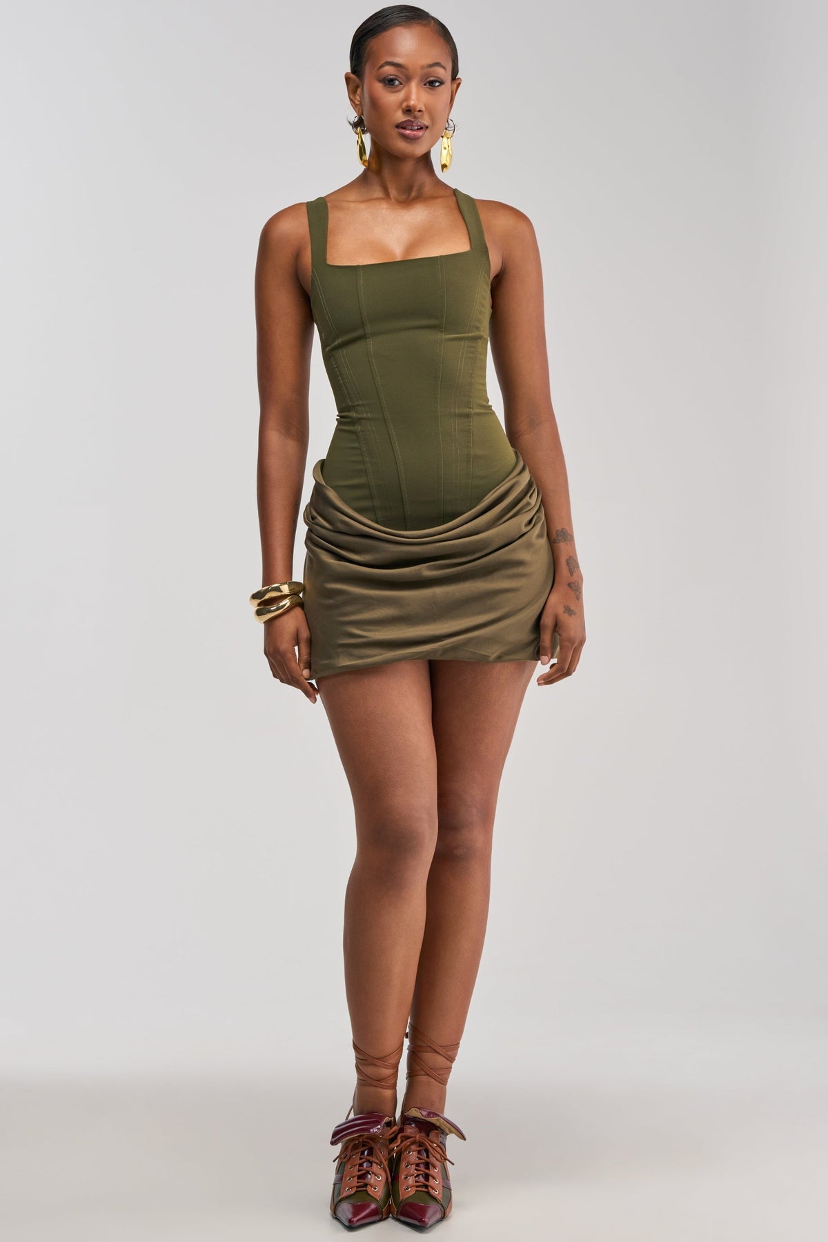 PLAY NICE CORSET MINI DRESS IN OLIVE