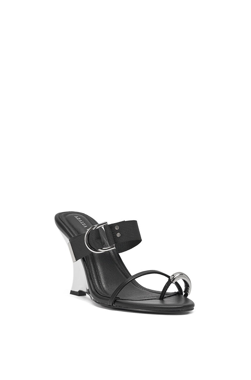 AZALEA WANG RANGSEY BLACK SILVER WEDGE SANDAL WITH TOE RING