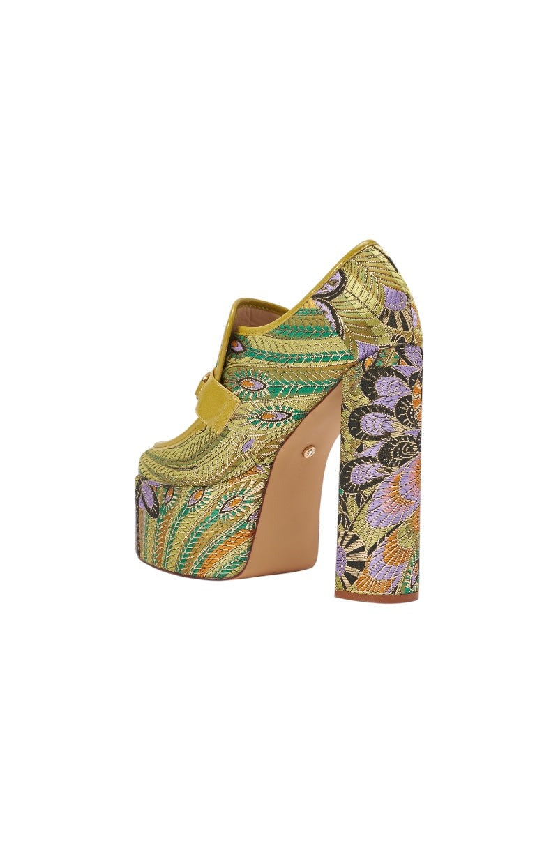 AZALEA WANG JUSTLY GREEN MULTI PLATFORM BROCADE BLOCK HEEL PUMP