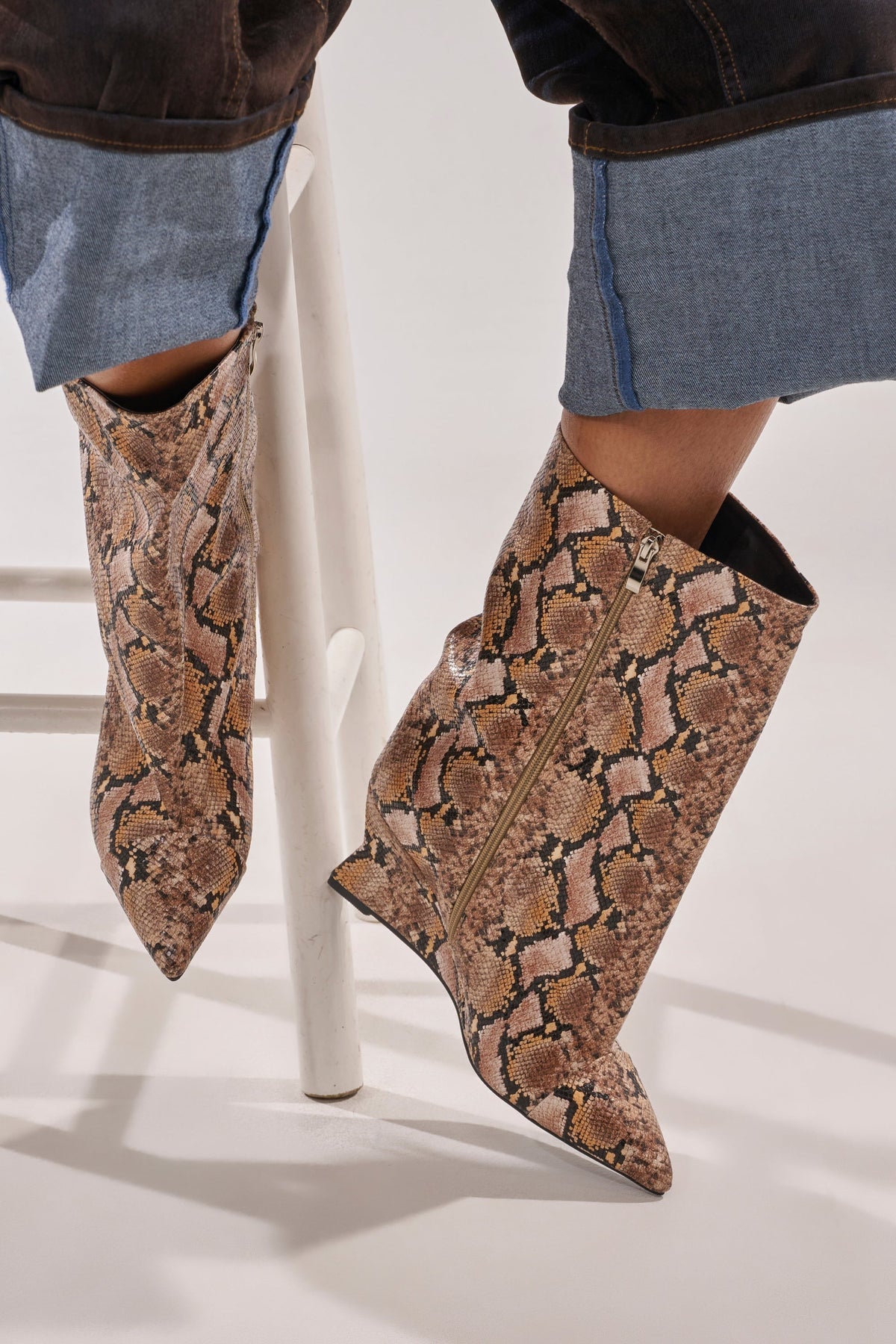AZALEA WANG VINCI SNAKE PU PRINT WEDGE BOOTIE