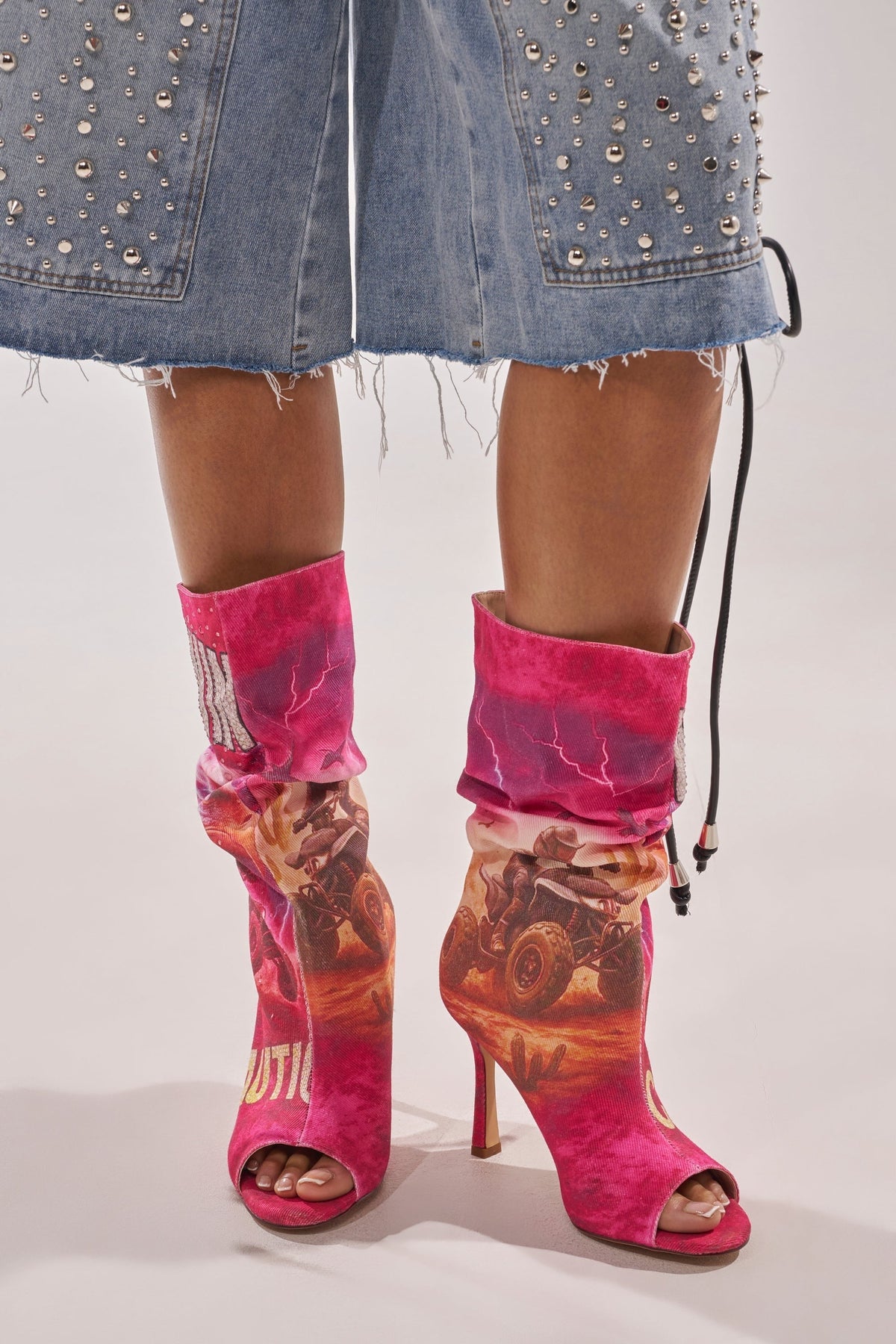 AKIRA GOLD FORMIDABLE PINK MULTI ABSTRACT OPEN TOE BOOTIE