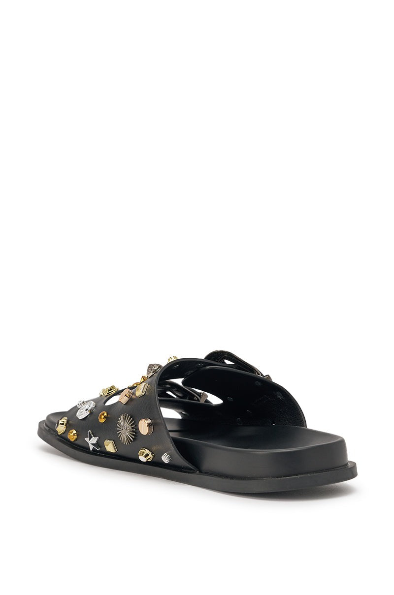 AKIRA BARCLAY BLACK METAL EMBELLISHED SLIP ON FLAT SANDAL