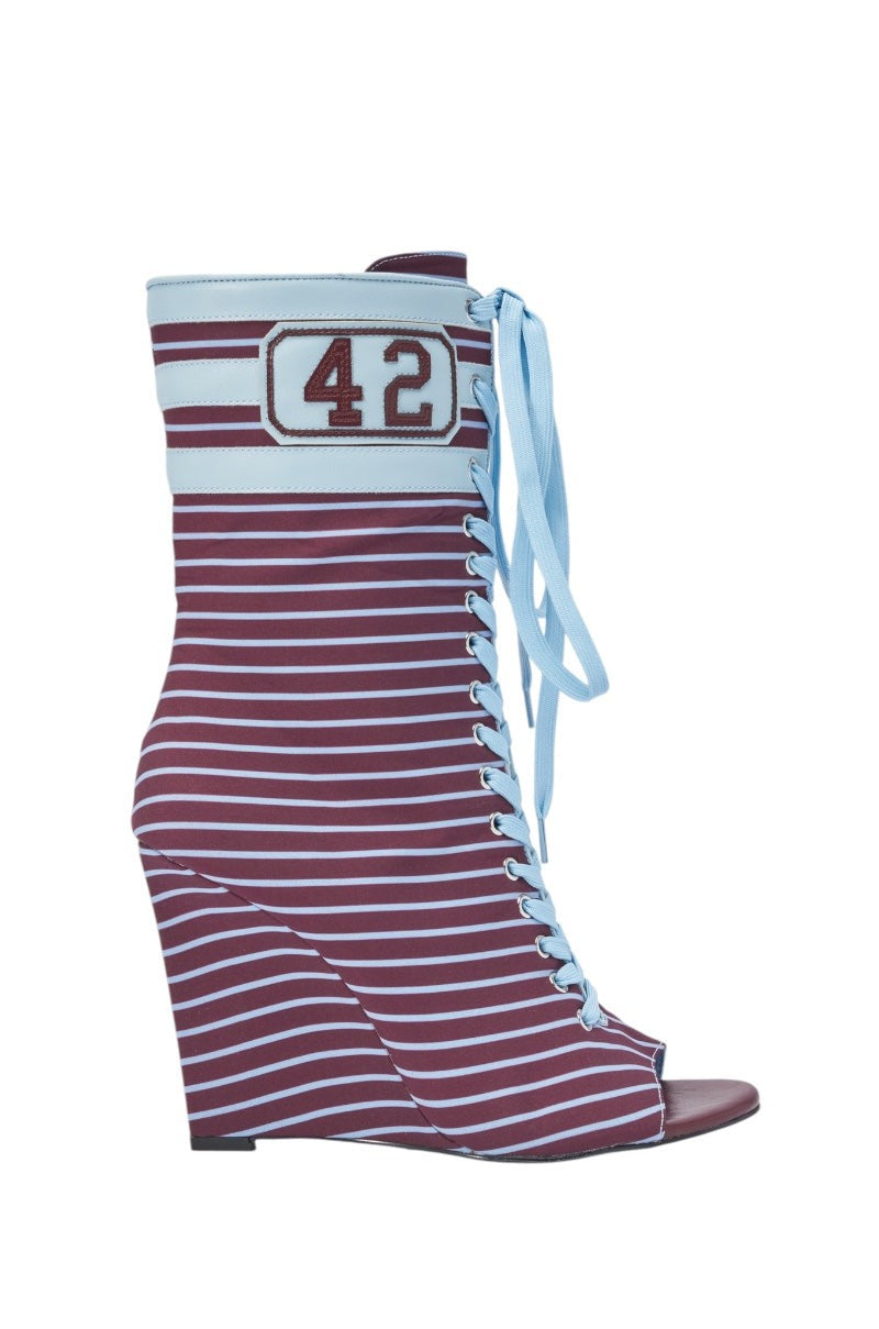 AZALEA WANG WYATT BLUE MULTI STRIPE WEDGE BOOTIE
