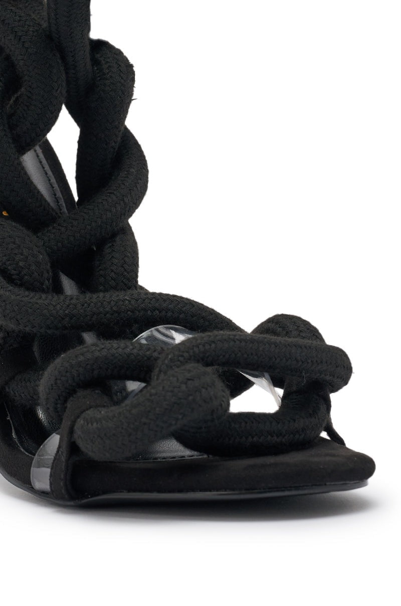 AKIRA GOLD BLACK ROPE STRAP STILETTO SANDAL