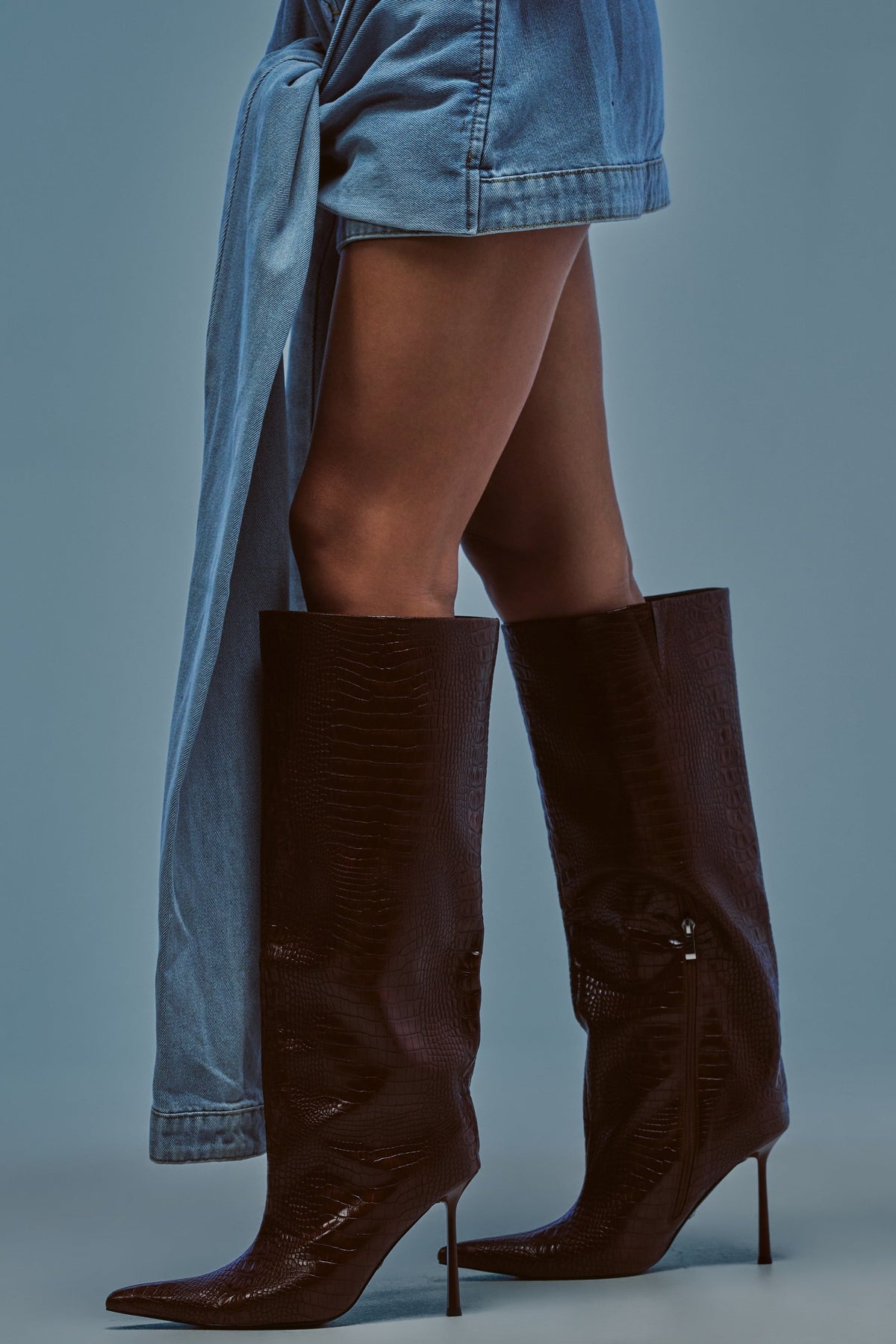 AZALEA WANG MADEYE BROWN CROC KNEE HIGH STILETTO BOOT