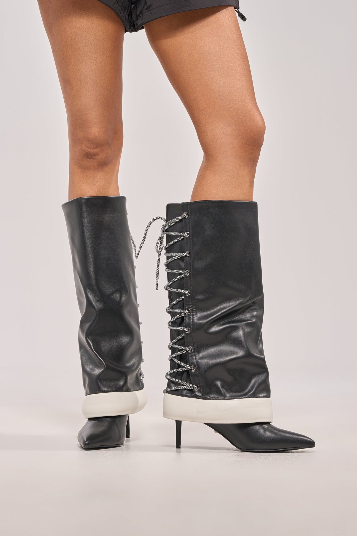 AKIRA GOLD HALOED BLACK LACE UP BLACK BOOTIE