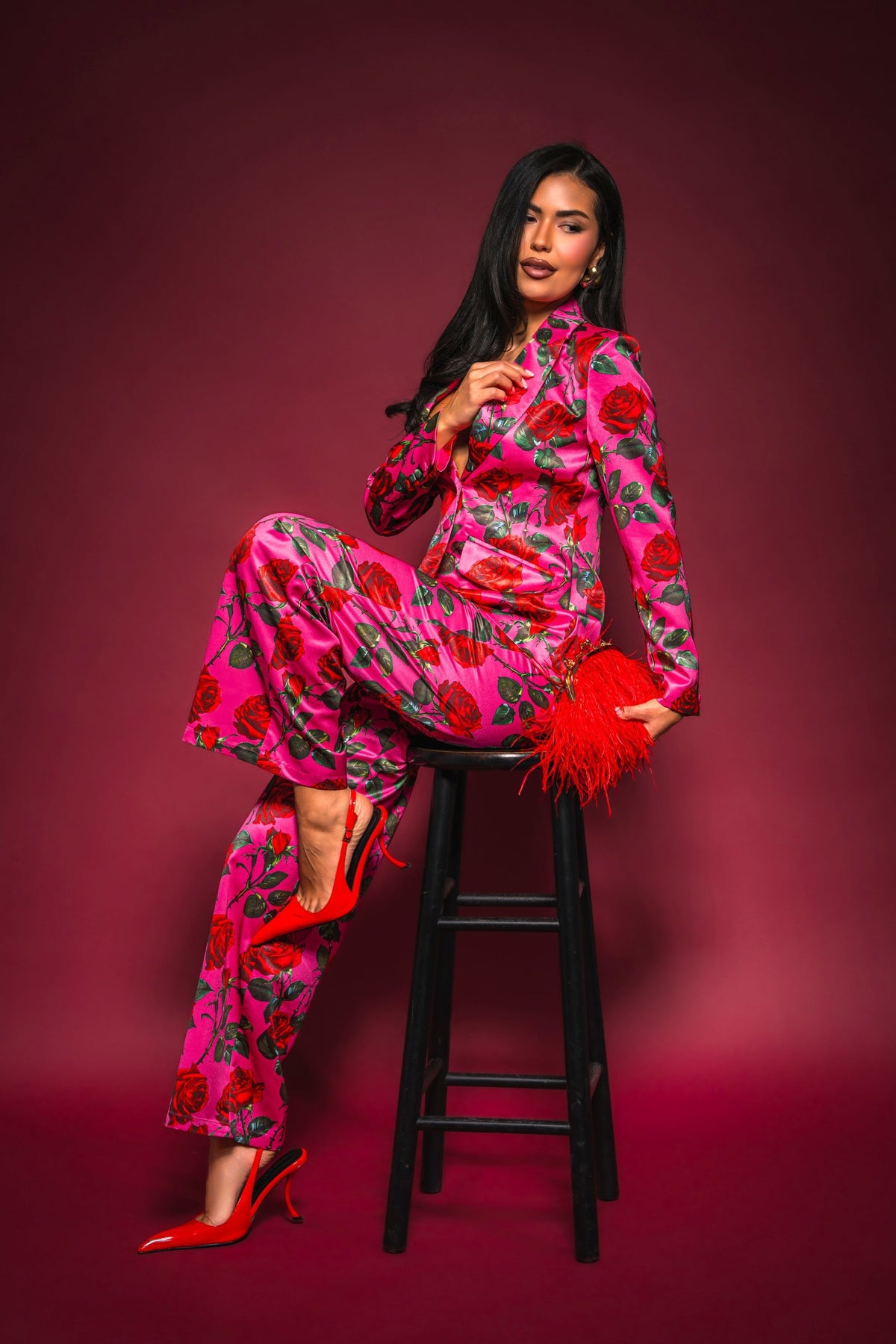 DOZEN ROSES SATIN BLAZER IN FUCHSIA