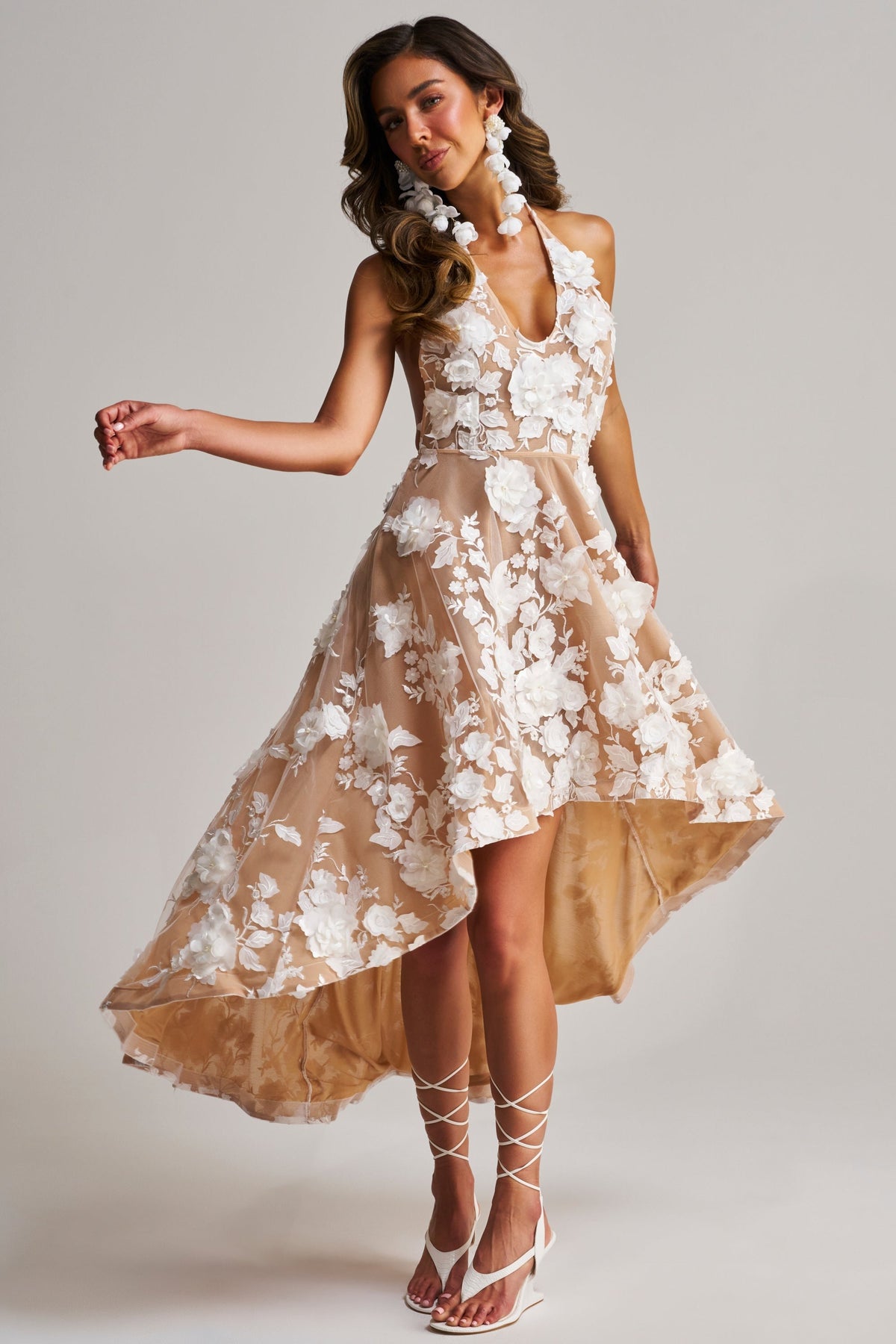 LILAH FLOWER APPLIQUE MIDI DRESS