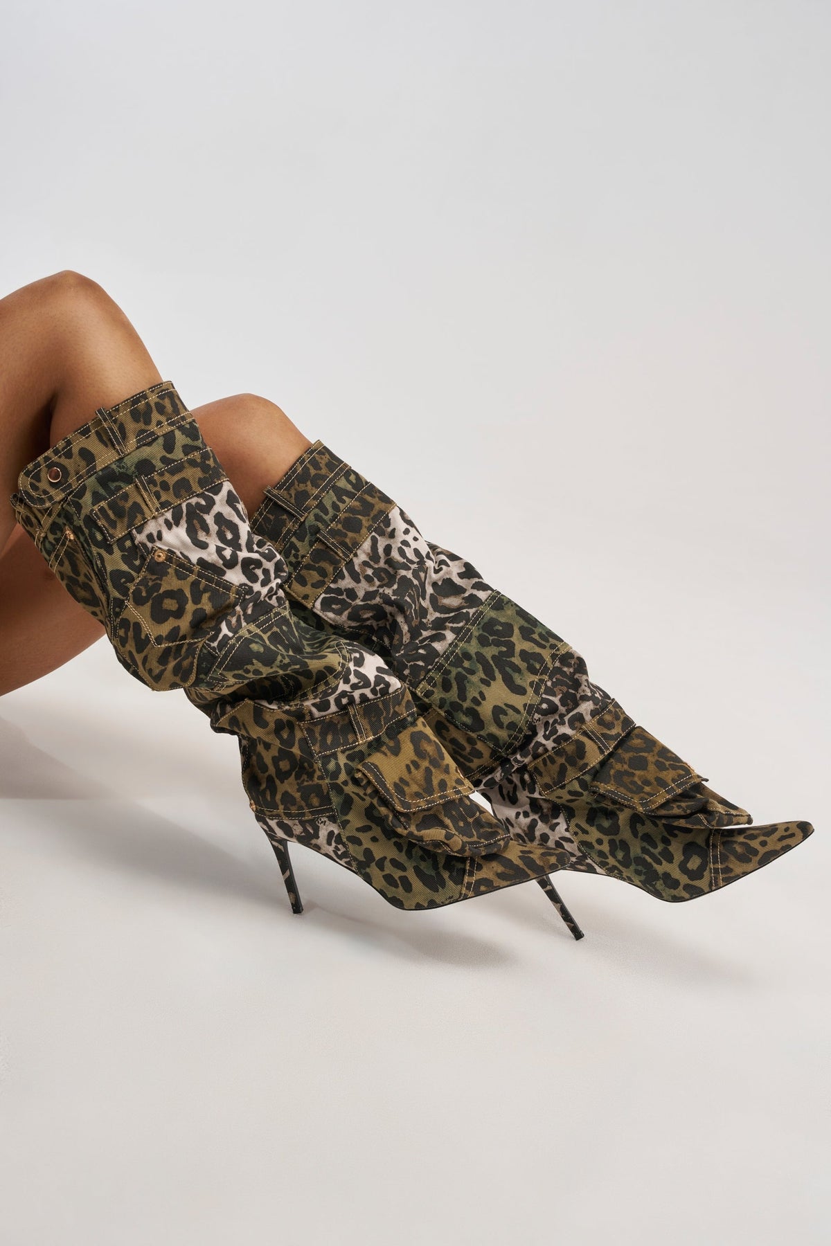 AKIRA GOLD HALOISE LEOPARD POCKET DETAIL STILETTO BOOT