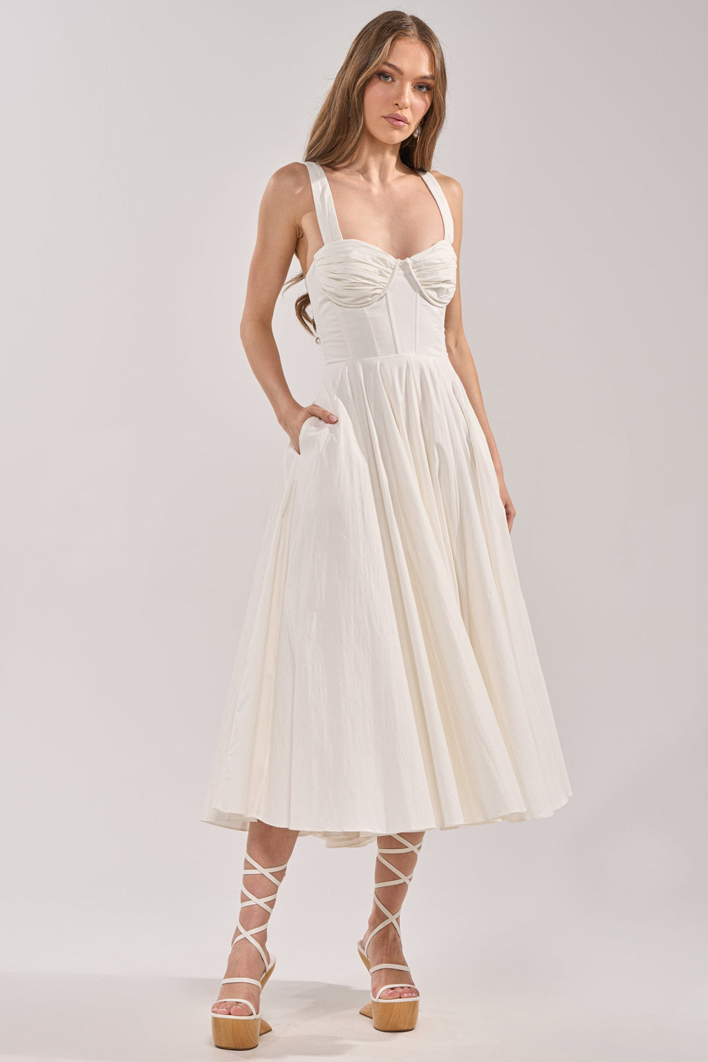 KEEP IT LOWKEY POPLIN MIDI DRESS IN WHITE