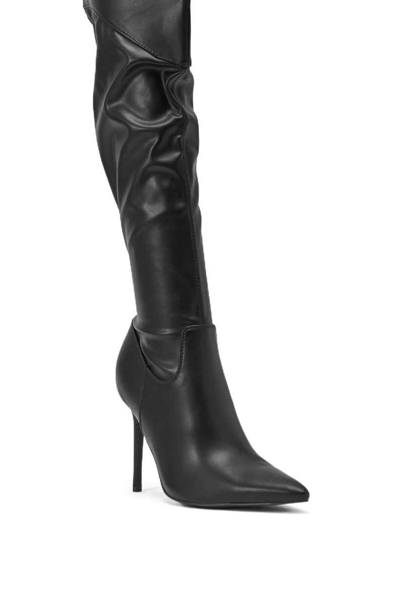 AKIRA GOLD CHROMEA BLACK THIGH HIGH STILETTO BOOT