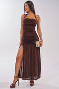 NOTHING SUBTLE ABOUT IT RUCHED MAXI DRESS IN BROWN