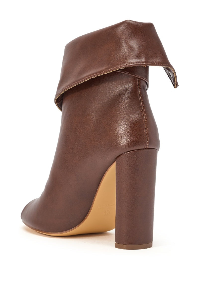 YANIX BROWN PU SILVER HARDWARE CHUNKY HEEL BOOTIE