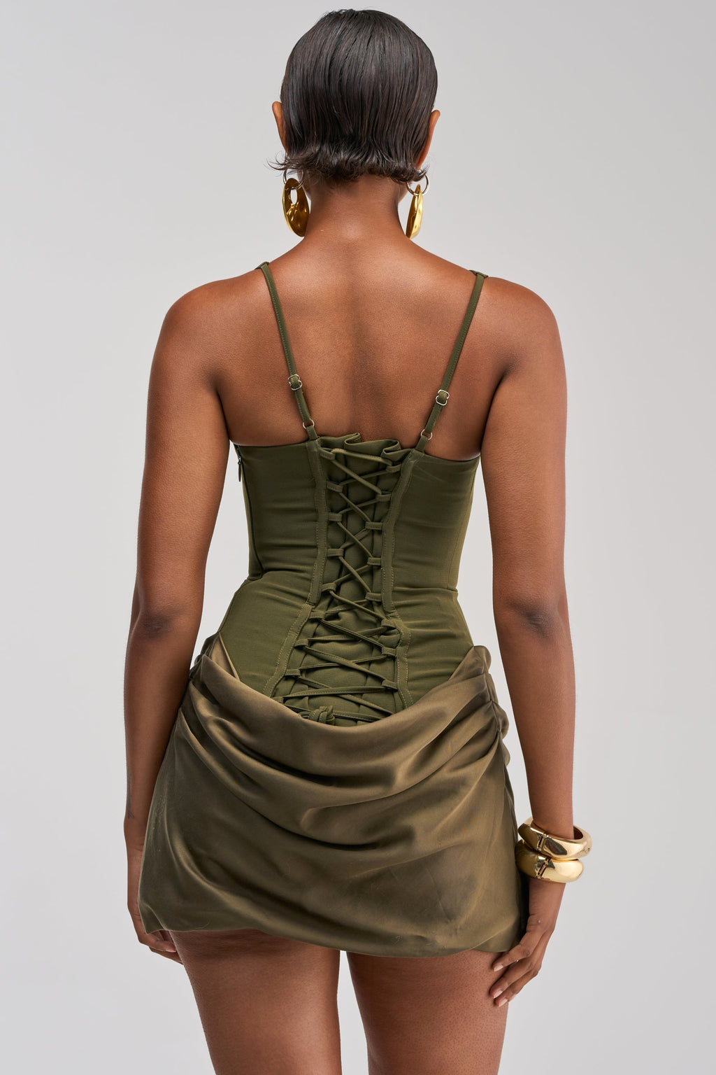 PLAY NICE CORSET MINI DRESS IN OLIVE