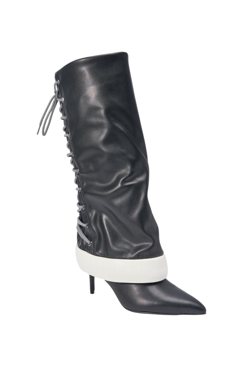 AKIRA GOLD HALOED BLACK LACE UP BLACK BOOTIE