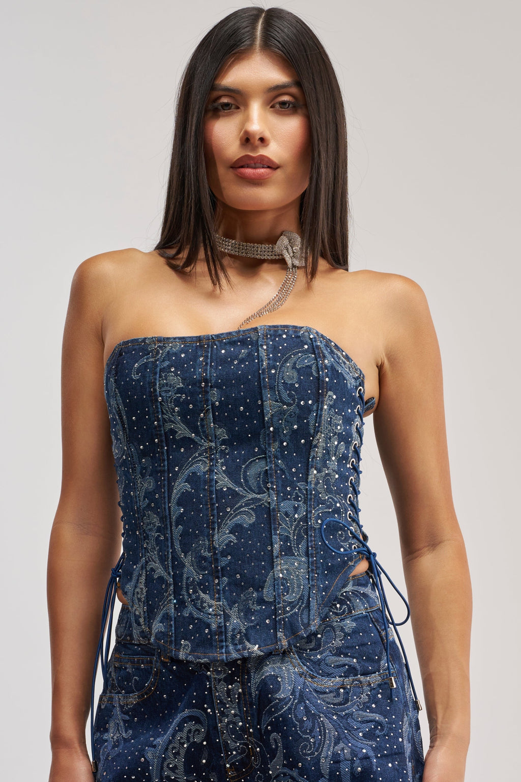 ELEVATED DENIM CORSET WITH RHINESTONES