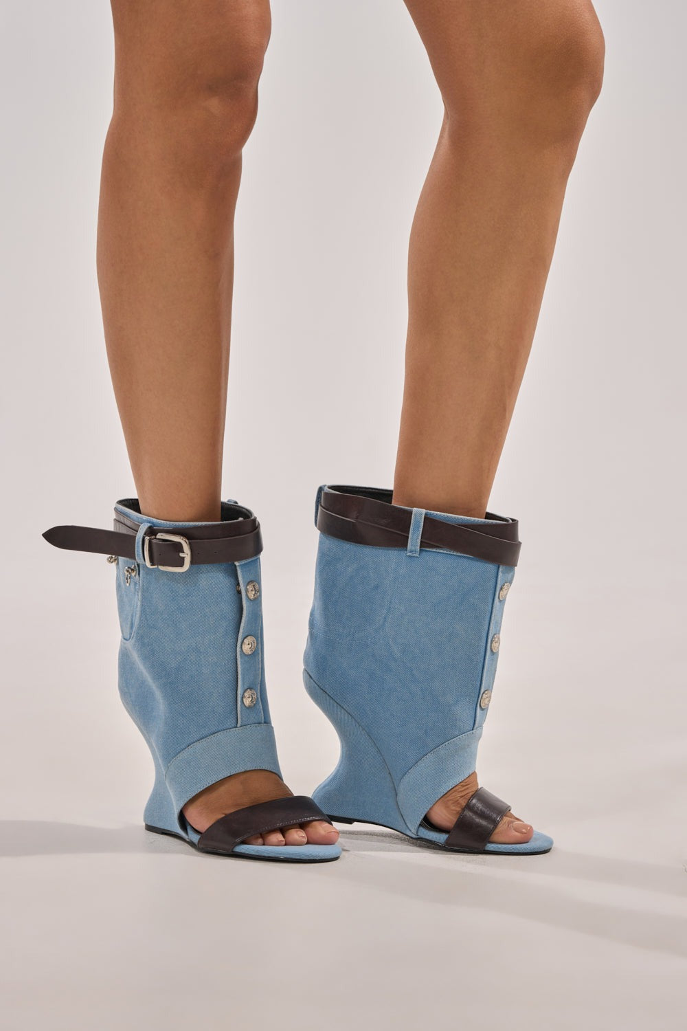 AKIRA GOLD BLEILIC DENIM WEDGE OPEN TOE BOOTIE