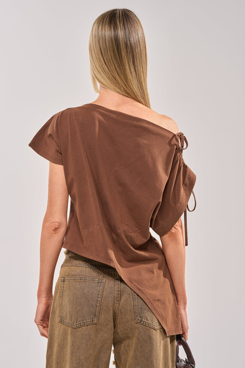FCK A DAY JOB OFF THE SHOULDER BROWN TEE