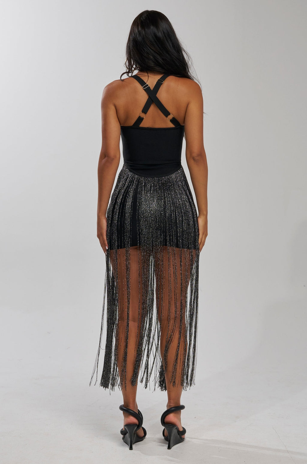 NO RULES BANDAGE MAXI DRESS WITH FRINGE IN BLACK