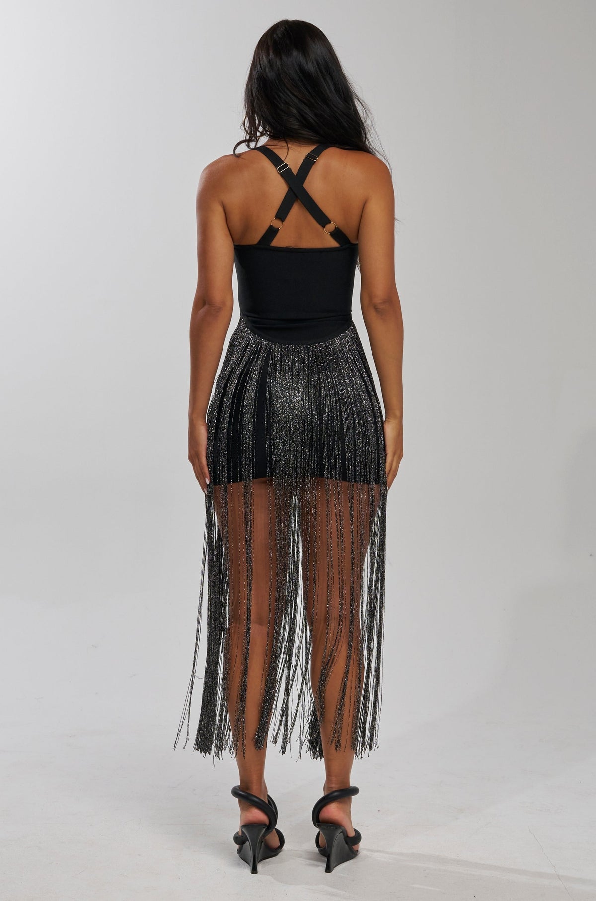 NO RULES BANDAGE MAXI DRESS WITH FRINGE IN BLACK