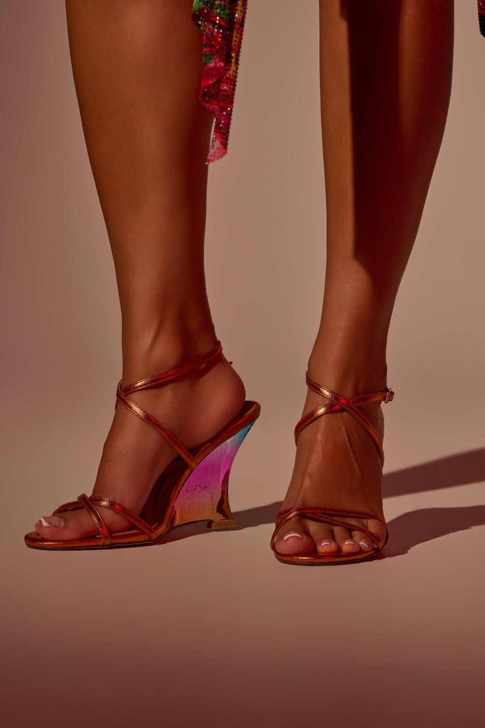 AKIRA GOLD FINGA CHROME WEDGE STRAP SANDAL