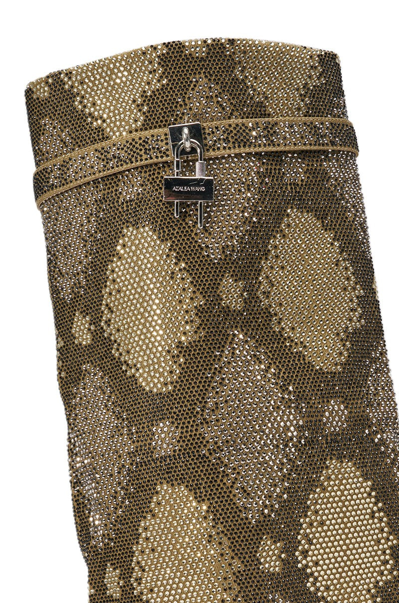 AZALEA WANG EVO KHAKI SNAKE SPARKLE WEDGE BOOT