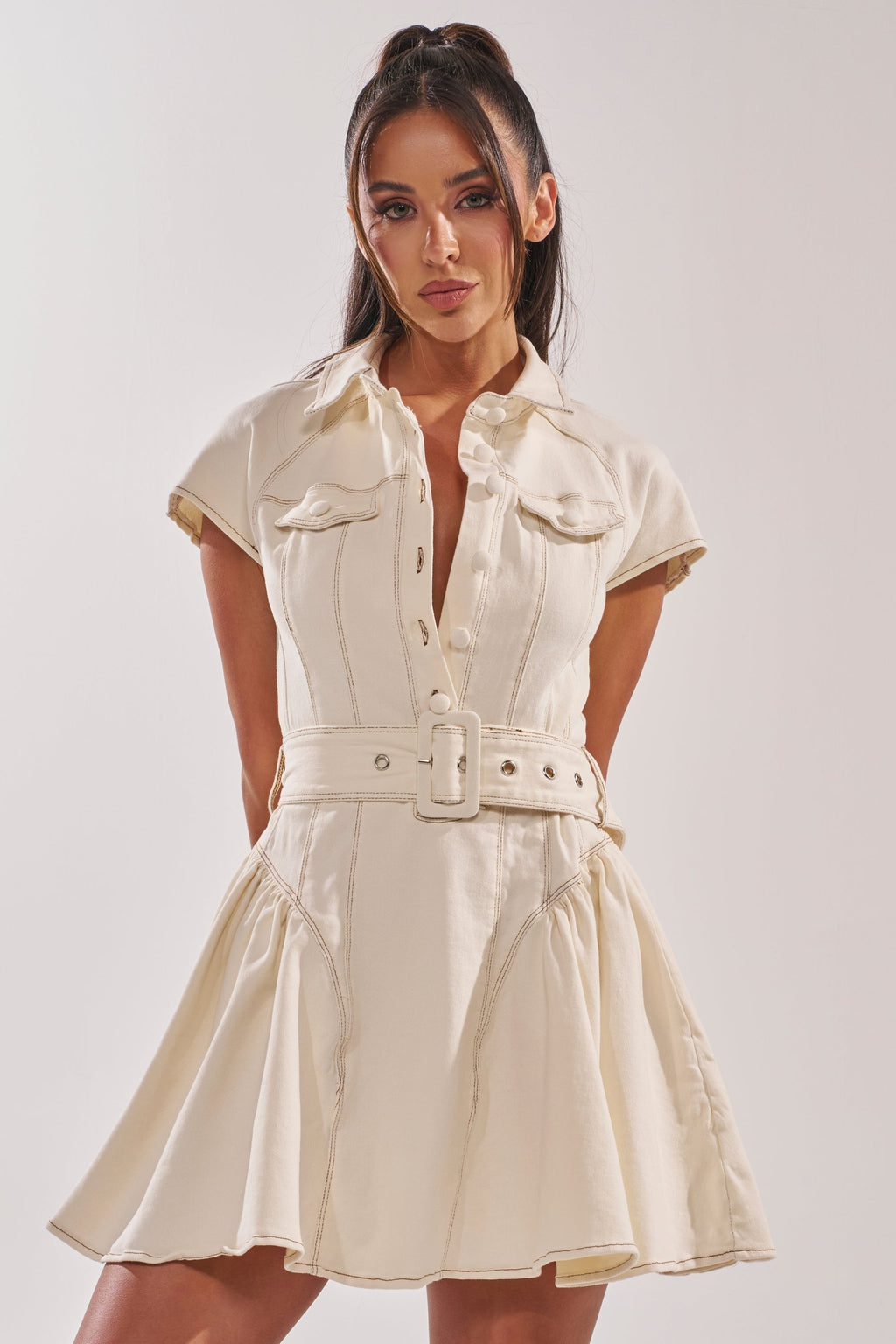 SADIE BUTTON UP DENIM MINI DRESS IN WHITE