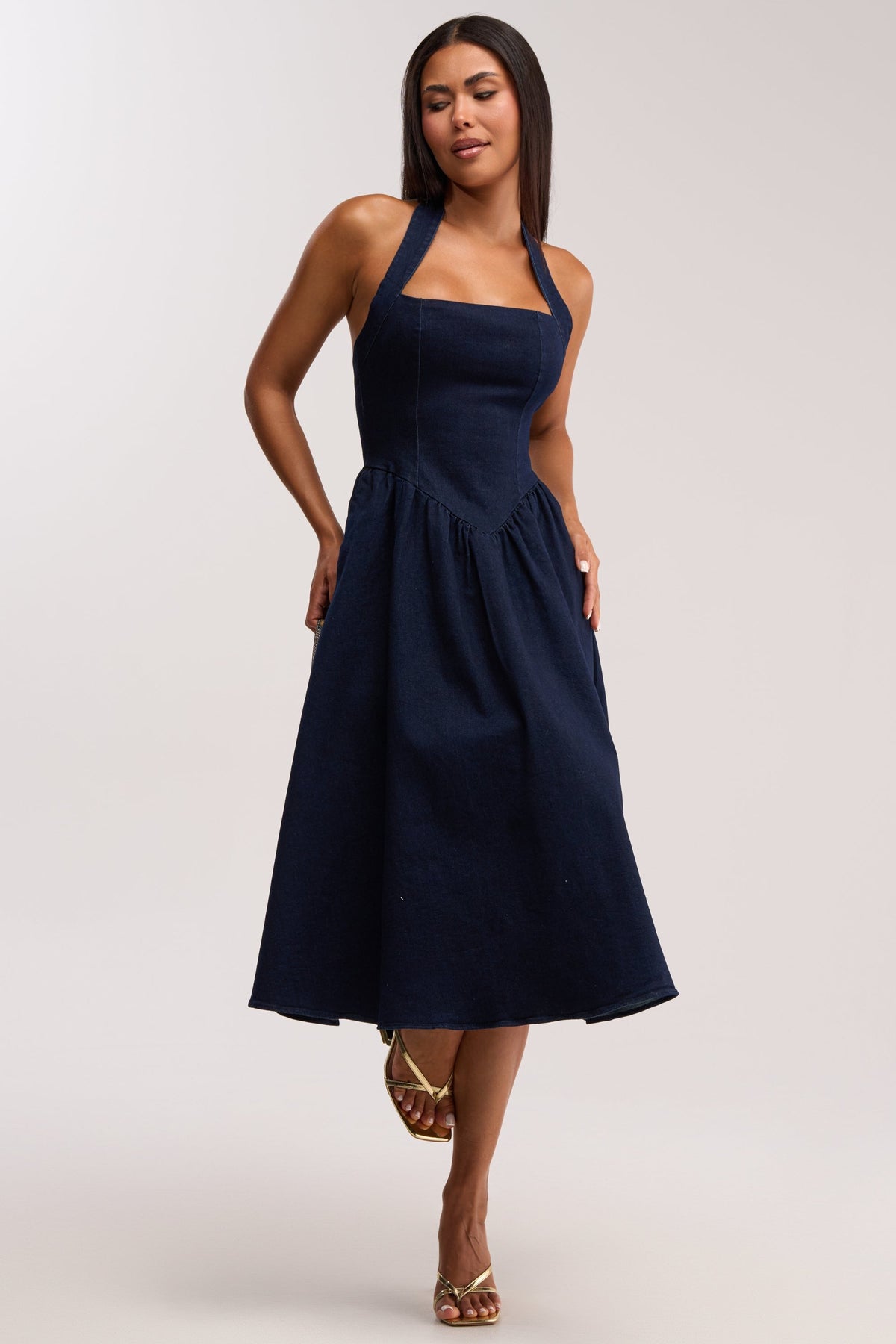 MISS INDEPENDENT DENIM HALTER MIDI DRESS