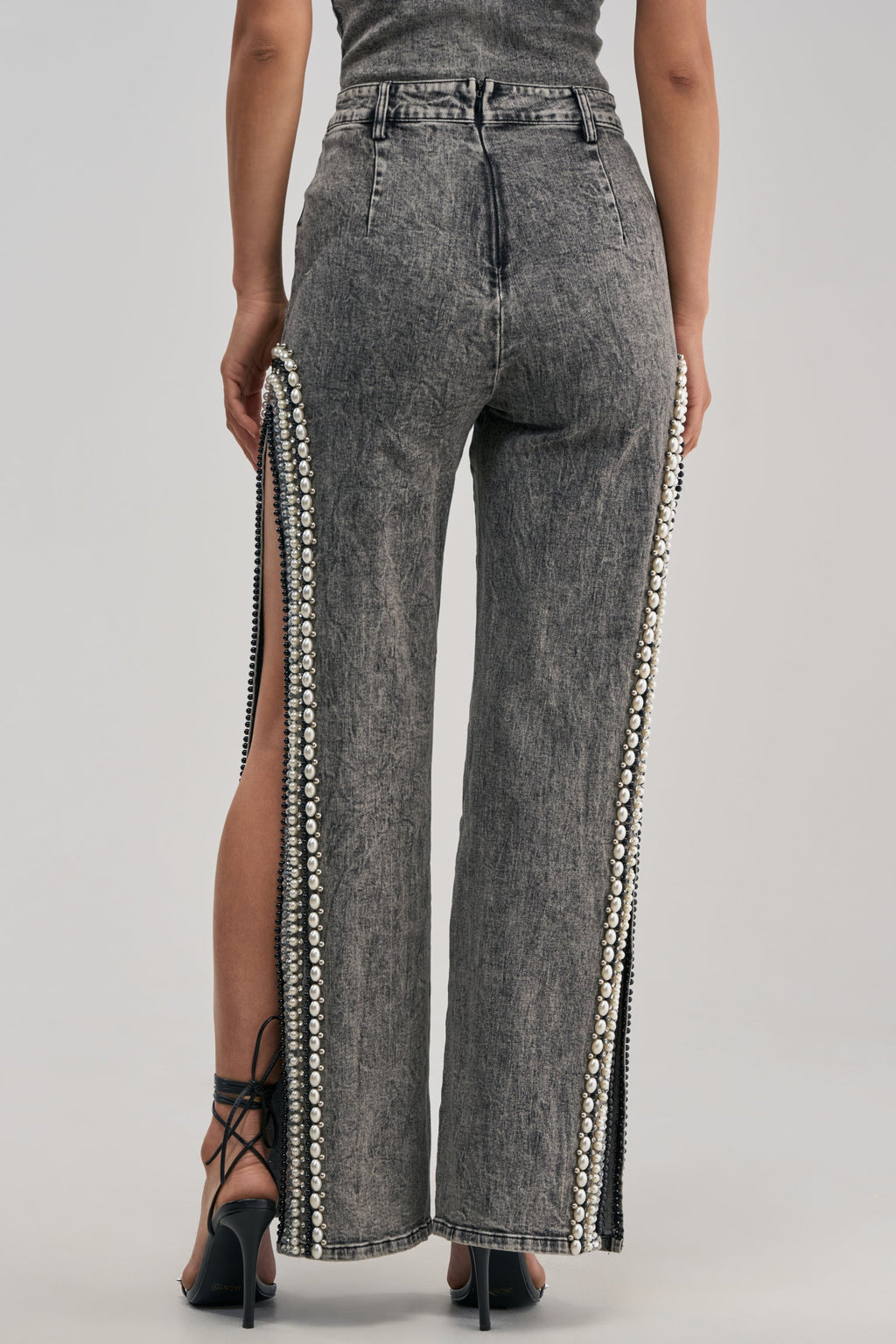 LUXURIOUS DENIM PANTS WITH SIDE SLITS IN GREY