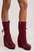 AKIRA GOLD WHATEVER BURGUNDY CANVAS WEDGE BOOTIE