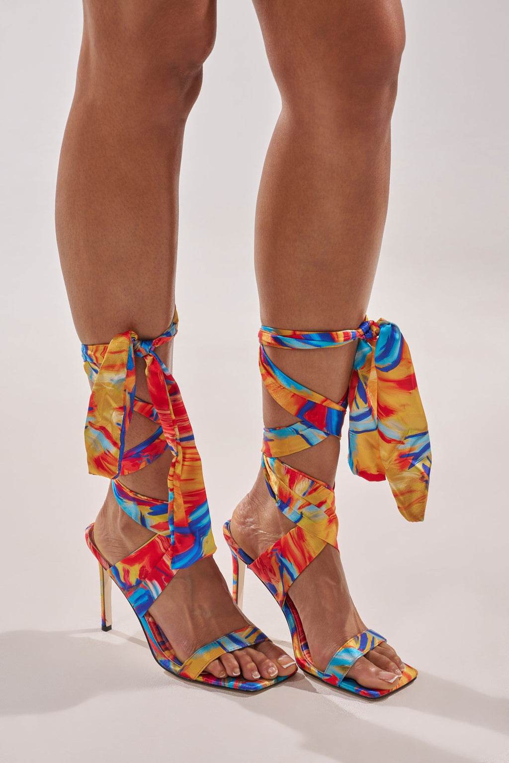 AZALEA WANG JOHA ORANGE MULTI PRINTED SATIN WRAP UP STILETTO