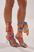 AZALEA WANG JOHA ORANGE MULTI PRINTED SATIN WRAP UP STILETTO