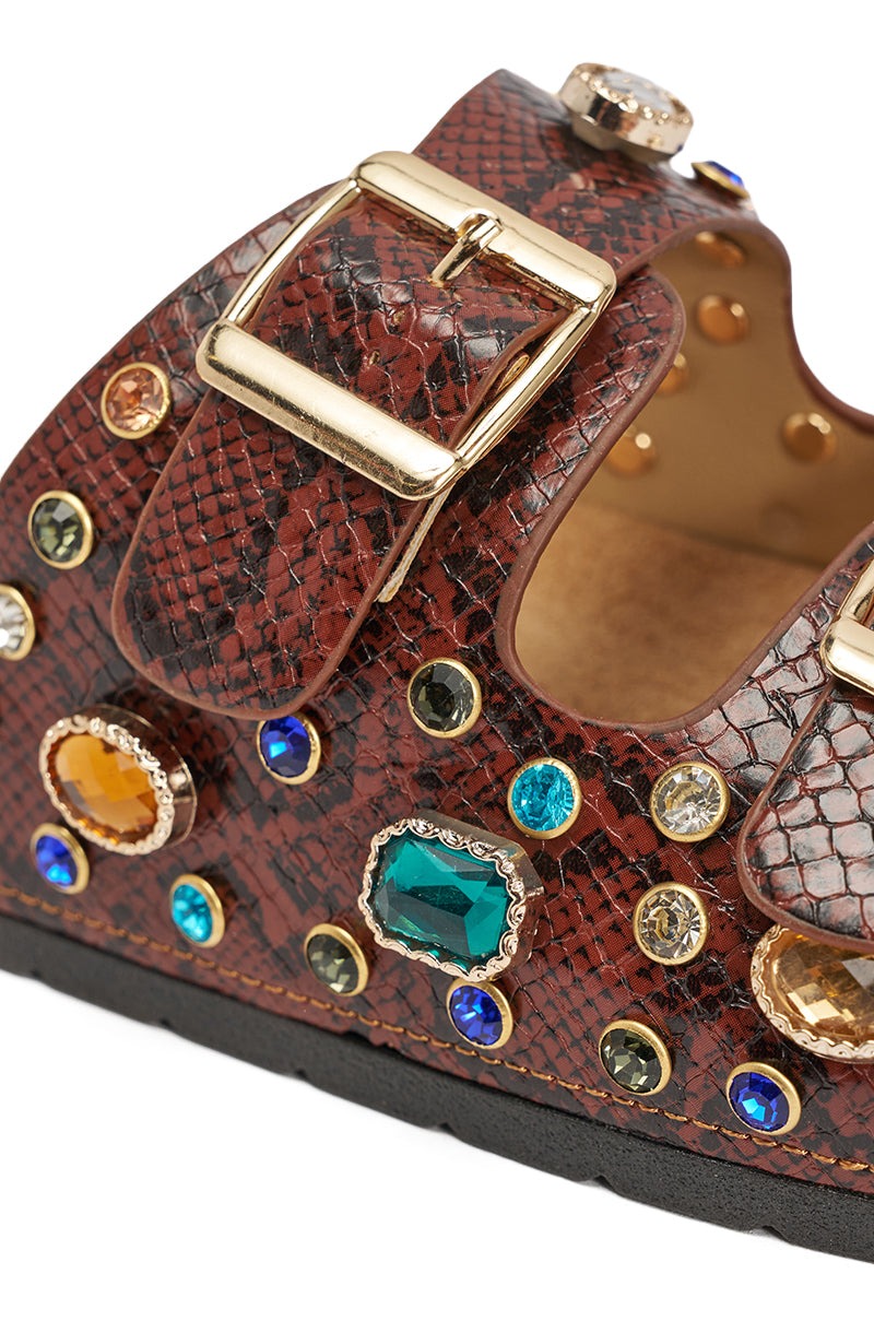 AKIRA BAYLEAVES BROWN SNAKE EMBELLISHED FLAT SLIP ON SANDAL