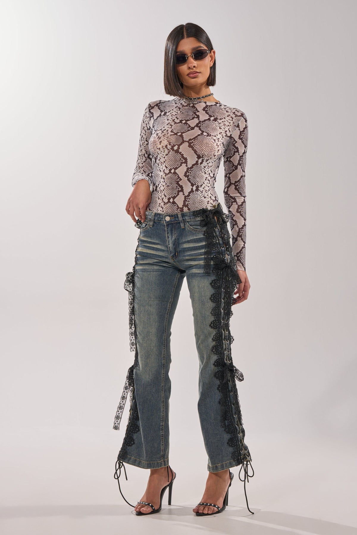 OMBRE SNAKE LONG SLEEVE MESH TOP IN GREY MULTI
