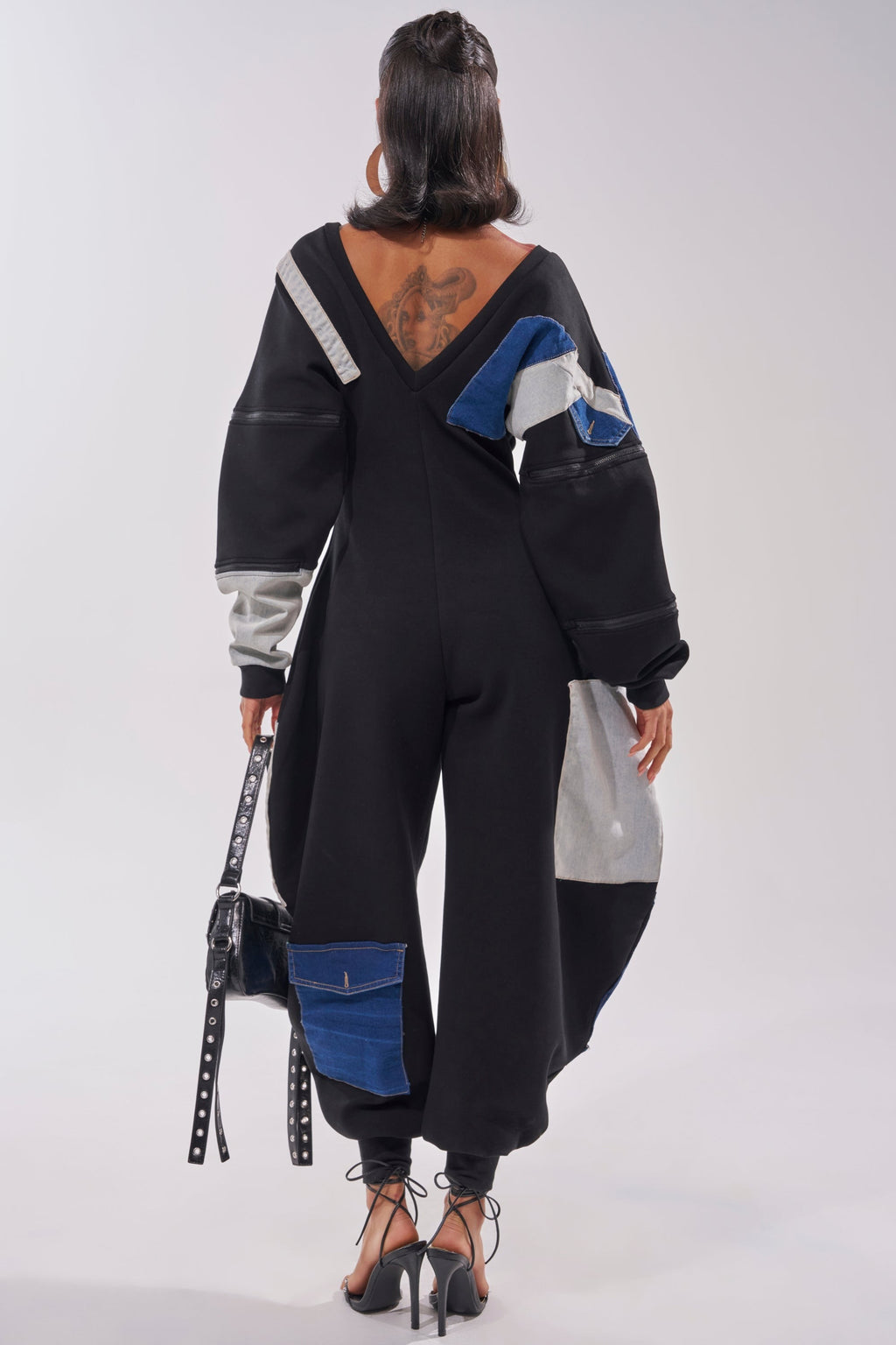 COMFY COZY PATCHWORK JUMPSUIT IN BLACK