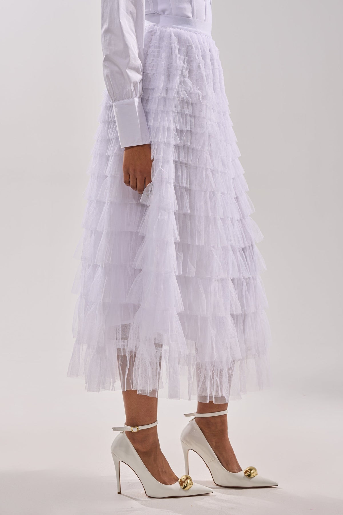STARS ALIGNED MESH RUFFLE MAXI SKIRT IN WHITE