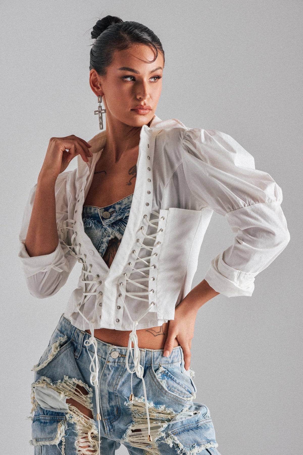DAKOTA LACE UP BUTTON DOWN BLOUSE